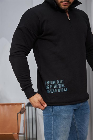 Dik Yaka Fermuarlı Oversize Siyah Sweatshirt