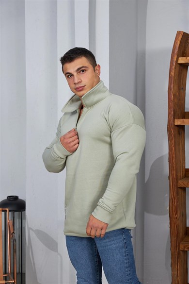 Dik Yaka Fermuarlı Oversize Yeşil Sweatshirt