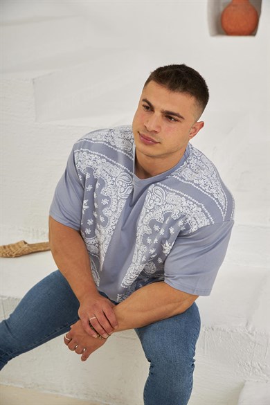 Etnik Desen Detaylı Oversize T-Shirt Mor