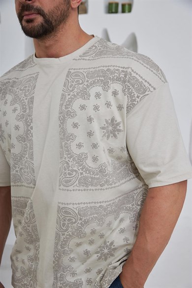 Etnik Desen Detaylı Oversize T-Shirt Taş