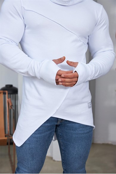 Parçalı Parmak Geçmeli Slim Fit Beyaz Sweatshirt